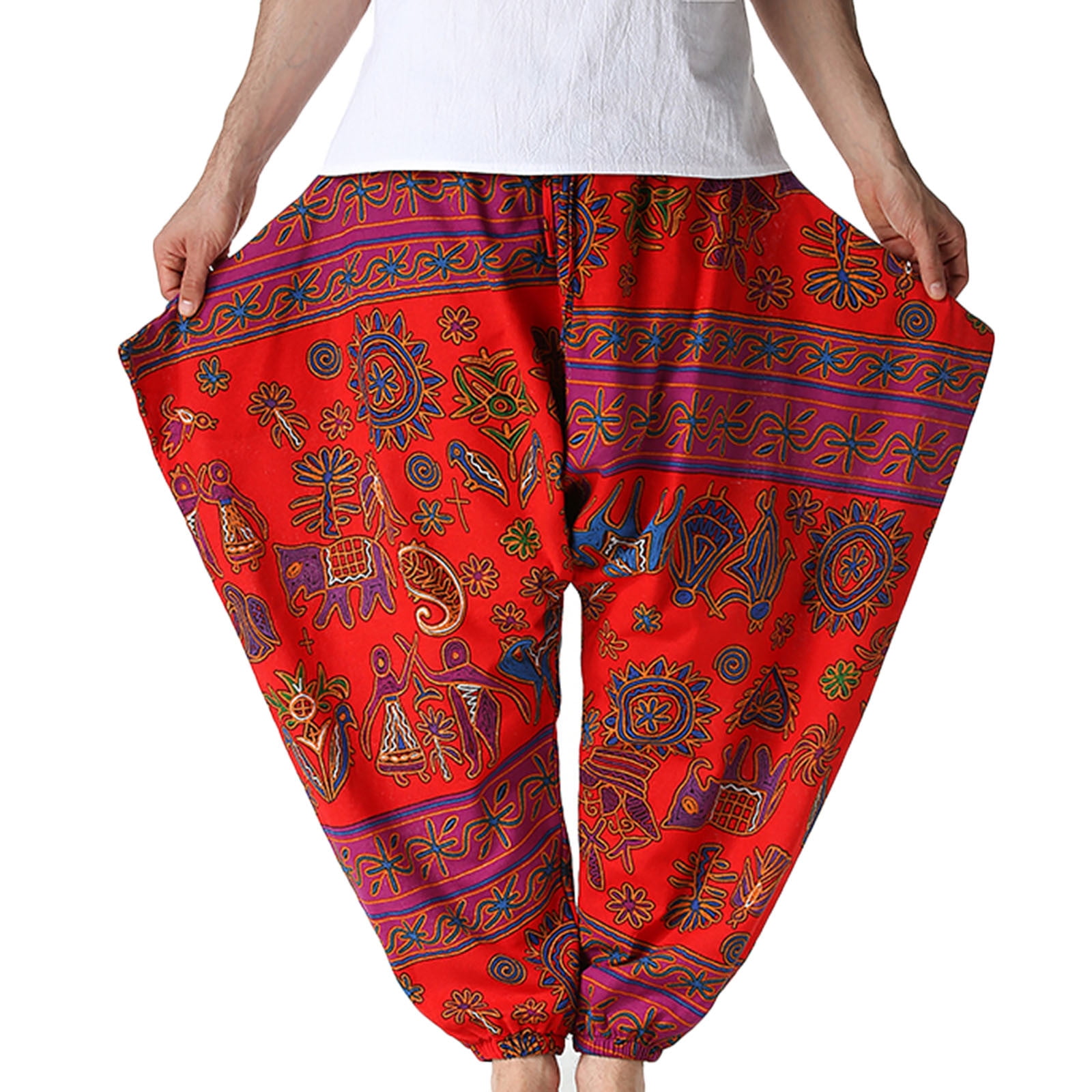 OGLCCG Mens Casual Baggy Harem Pants Cotton Linen Drawstring Hippie