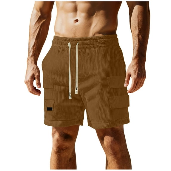 OGLCCG Mens Casual Corduroy Shorts Elastic Waist Drawstring Jogging Shorts Solid Color Lightweight Summer Sport Shorts with Multi Pockets,S,Khaki