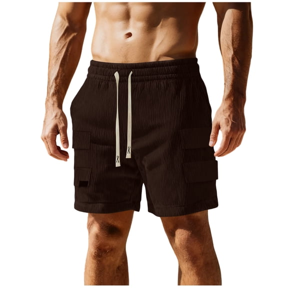 OGLCCG Mens Casual Corduroy Shorts Elastic Waist Drawstring Jogging Shorts Solid Color Lightweight Summer Sport Shorts with Multi Pockets,XL,Coffee