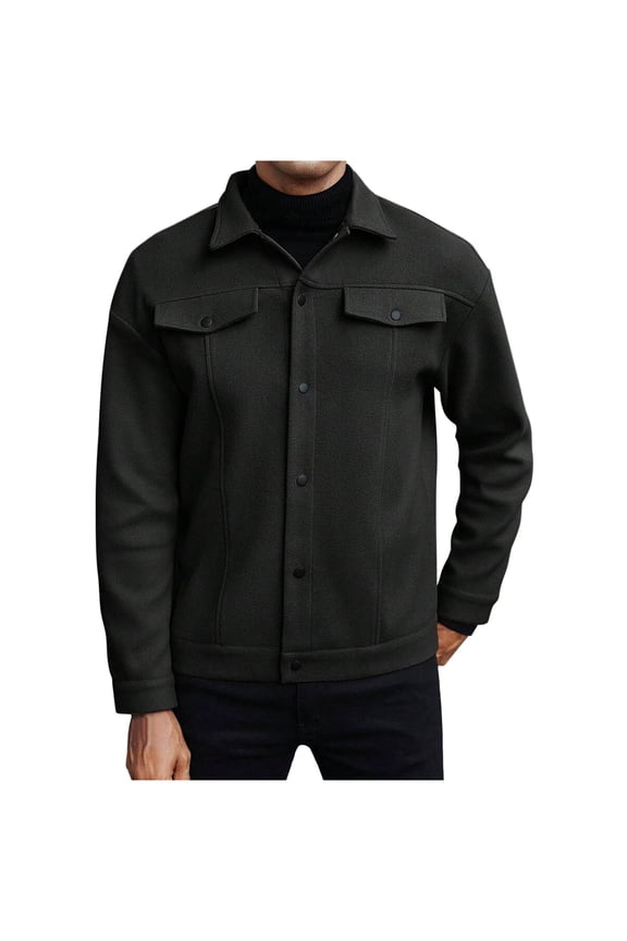 Mens Casual Shacket Jacket Lapel Collar Button Down Shirt Jacket Solid Color Long Sleeve Lightweight Fall Jacket with Pockets,L,Black