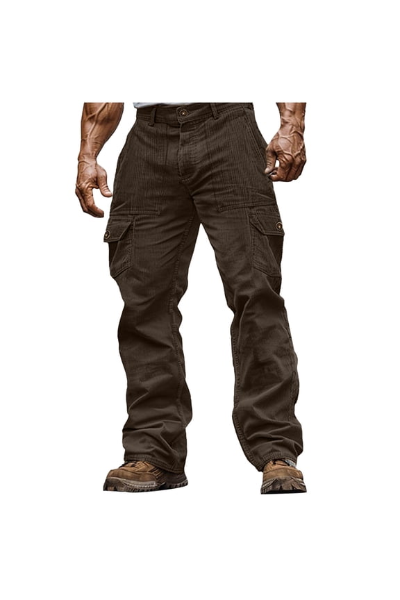 Mens Corduroy Cargo Pants Lightweight Solid Color Wide Leg Joggers Sweatpants Casual Fashion Long Trousers with Pockets,M,Brown