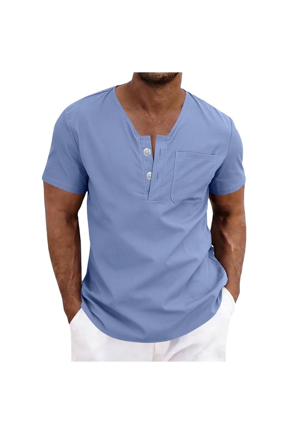 Mens Cotton Linen Henley Shirt Short Sleeve V Neck Summer Casual Beach T-Shirts Loose Fit Vacation Tees Tops with Pocket