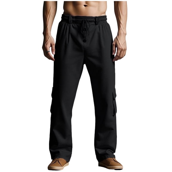 OGLCCG Mens Cotton Linen Pants Drawstring Elastic Waist Loose Fit Straight-Legs Summer Beach Long Pants Casual Vacation Cargo Trousers with Pockets,M,Black