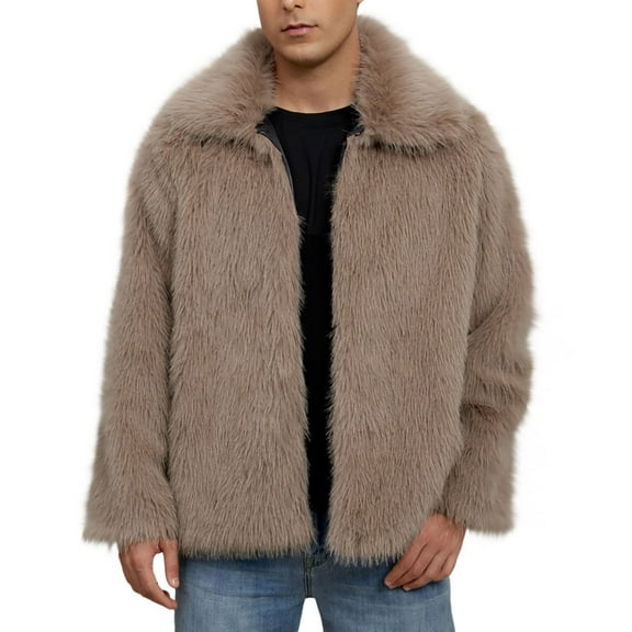 OGLCCG Mens Faux Fur Coat Winter Warm Shaggy Casual Oversized Lapel Long Sleeve Jackets Outdoor Fashion Fuzzy Outerwear,S,Khaki
