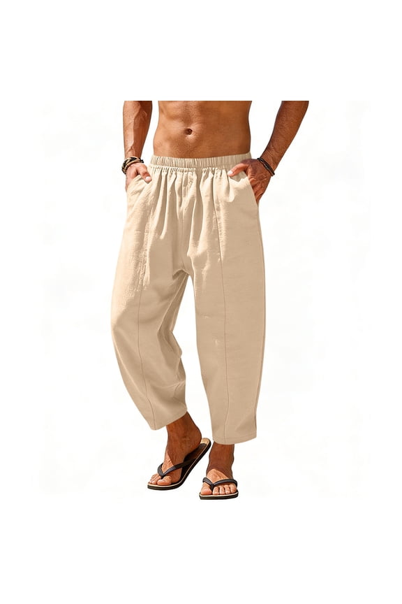 Mens Harem Pants Casual Elastic Waist Cotton Linen Cropped Pants Lightweight Baggy Hippie Boho Beach Yoga Trousers with Pockets,XXXL,Beige