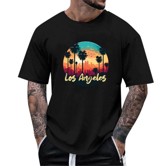 OGLCCG Mens Hawaiian T-Shirts Sun Palm Tree Graphic Printed Crewneck Casual Short Sleeve Beach Tees Loose Fit Summer Vintage Shirts,L,Black