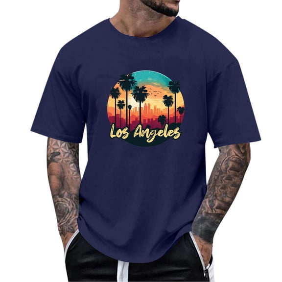 OGLCCG Mens Hawaiian T-Shirts Sun Palm Tree Graphic Printed Crewneck Casual Short Sleeve Beach Tees Loose Fit Summer Vintage Shirts,M,Navy
