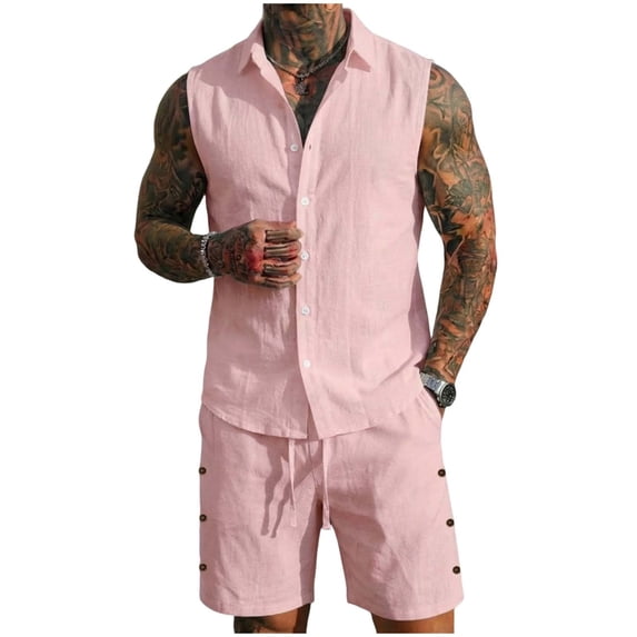 OGLCCG Mens Hawaiian Travel Sets Big and Tall Summer Linen 2 Piece Vacation Beach Outfits Lightweight Button Down Sleeveless Tank Tops and Shorts,S,Pink