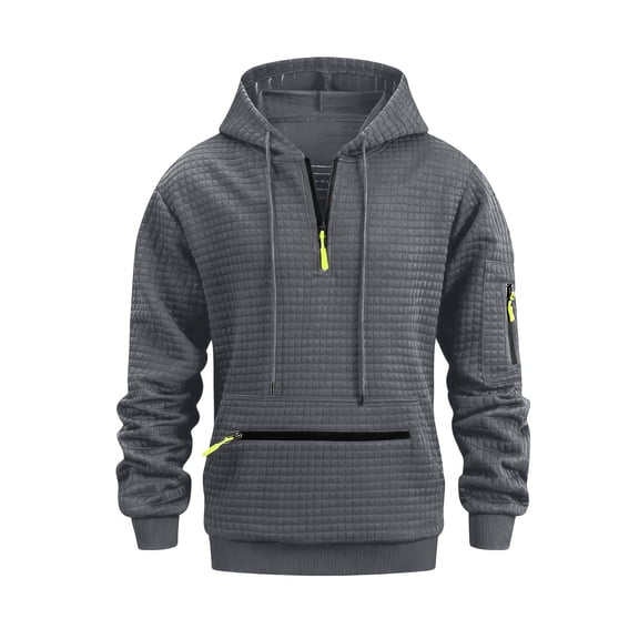 OGLCCG Mens Hooded Sweatshirt Casual Long Sleeve Drawstring Waffle Knit Pullover Hoodies with Pocket Fashion Loose Plaid Jacquard Workout Shirts,XXL,Gray