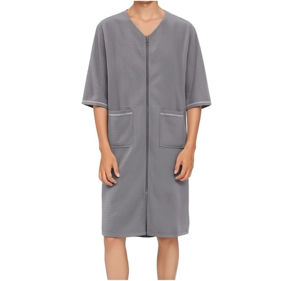 OGLCCG Mens House Coat Robes Lightweight Zipper Short Sleeve Summer Bathrobes Solid Color Soft Comfy V Neck Sleepwear with Pockets
