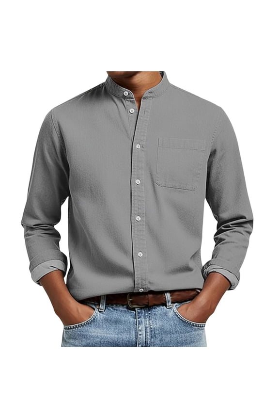 Mens Long Sleeve Button Down Shirt Casual Banded Collar Texture Wrinkle Free Shirts for Men Solid Color Business Work Dress Shirts,M,Gray