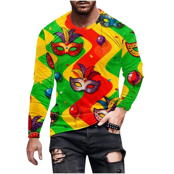 OGLCCG Mens Mardi Gras Shirts Trendy Graphic Print Crewneck Long Sleeve Carnival Shirt Lightweight Slim Fit Holiday Muscle Pullover Tops