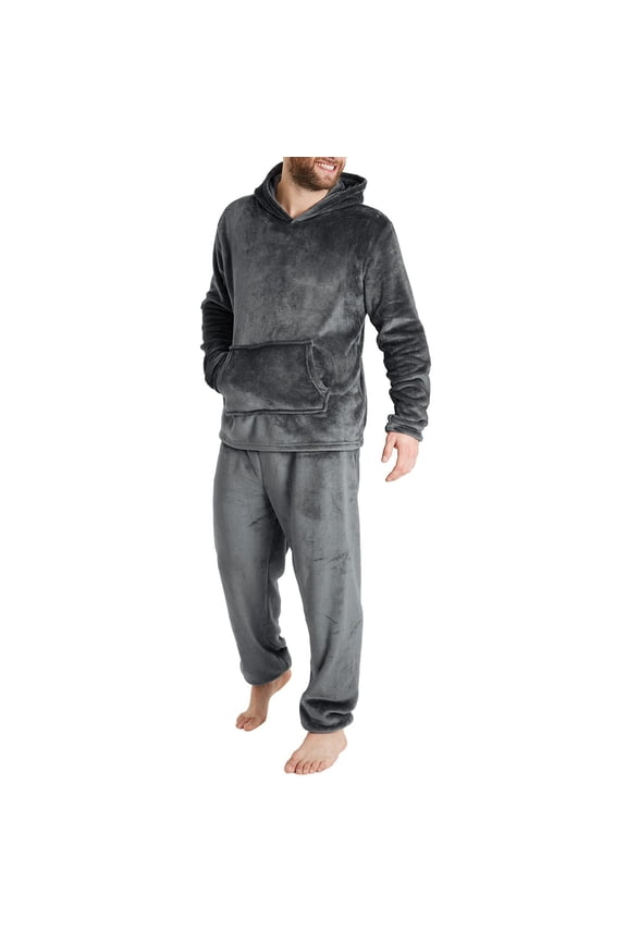 Mens Pajamas Set 2 PieceThermal Fuzzy Loungewear Set Winter Warm Fleece Sherpa Sleepwear Hoodies with Pockets and Long Pants,M,Dark Gray
