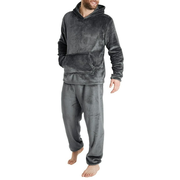OGLCCG Mens Pajamas Set 2 PieceThermal Fuzzy Loungewear Set Winter Warm Fleece Sherpa Sleepwear Hoodies with Pockets and Long Pants,M,Dark Gray