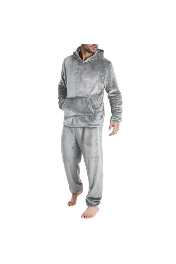 Mens Pajamas Set 2 PieceThermal Fuzzy Loungewear Set Winter Warm Fleece Sherpa Sleepwear Hoodies with Pockets and Long Pants,XXL,Gray
