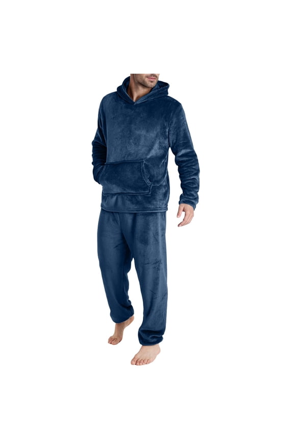 Mens Pajamas Set 2 PieceThermal Fuzzy Loungewear Set Winter Warm Fleece Sherpa Sleepwear Hoodies with Pockets and Long Pants,XXL,Navy