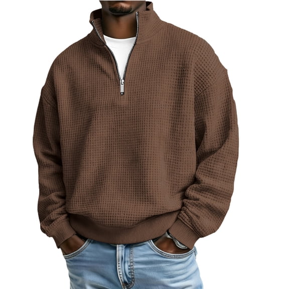 OGLCCG Mens Quarter Zip Sweatshirts Lightweight Long Sleeve Mock Neck Waffle Pullover Tops Spring Casual Solid Color Loose Fit Textured Shirts,XL,Brown