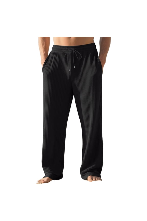 Mens Ribbed Knit Pants Casual Elastic Waist Drawstring Baggy Yoga Beach Trousers with Pockets Solid Color Lightweight Lounge Pants