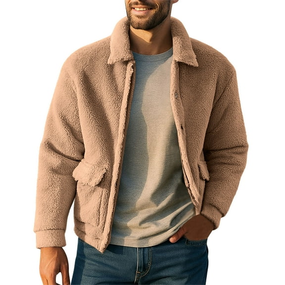 OGLCCG Mens Sherpa Jacket Winter Warm Lapel Collar Long Sleeve Button Down Fuzzy Fleece Coat Outdoor Warm Plush Outwear with Pockets
