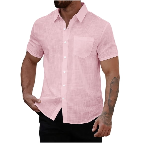 OGLCCG Mens Short Sleeve Button Down Shirts Casual Cotton Linen Beach Summer Textured Shirts Solid Color Lightweight Vacation Tops,L,Pink