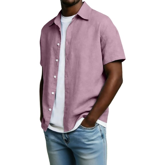 OGLCCG Mens Short Sleeve Shirts Lapel Collar Wrinkle Free Button Down Shirts Solid Color Casual Loose Fit Vacation Beach Summer Tops,M,Purple