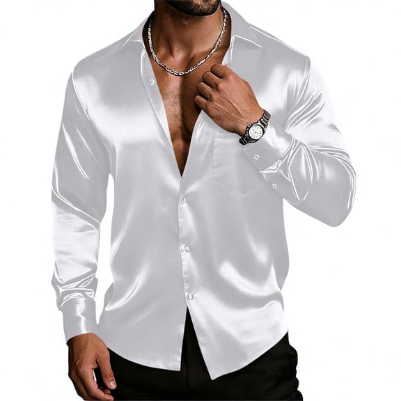 OGLCCG Mens Silk Satin Dress Shirts Shiny Long Sleeve Button Down Shirt Formal Casual Party Prom Wedding Shirt with Chest Pocket,L,White