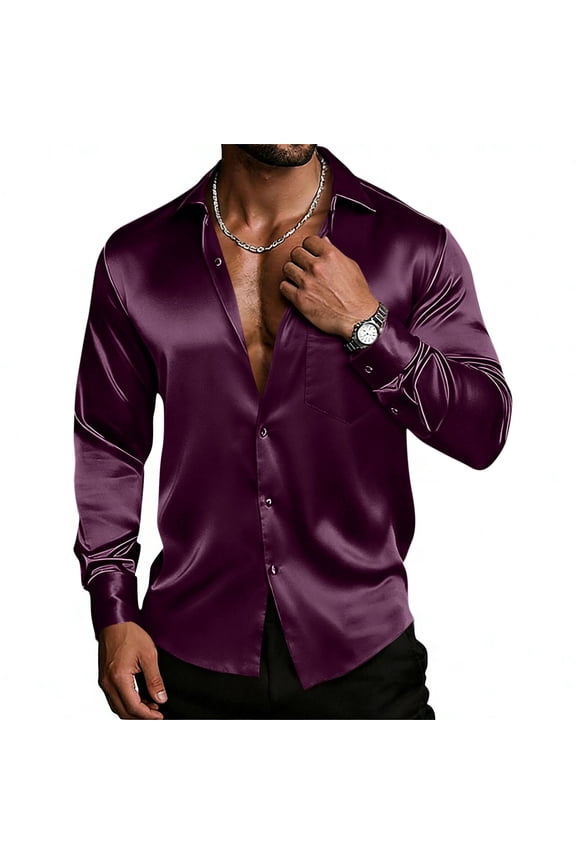 Mens Silk Satin Dress Shirts Shiny Long Sleeve Button Down Shirt Formal Casual Party Prom Wedding Shirt with Chest Pocket,XL,Purple