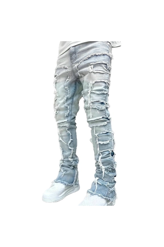 Mens Stacked Jeans Ripped Distressed Destroyed Slim Fit Straight Leg Denim Pants with Pockets Trendy Y2K Skinny Jeans Trouser 6-13 Years