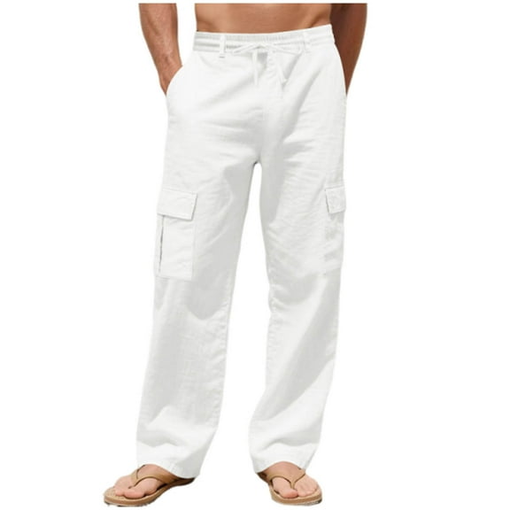 OGLCCG Mens Straight Leg Cargo Long Pants Lightweight Drawstring Waist Baggy Hiking Trousers Casual Loose Fit Joggers Pants with Pockets,S,White