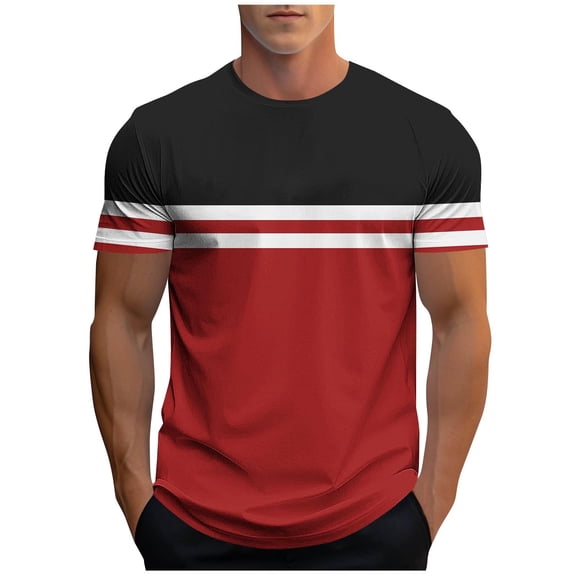 OGLCCG Mens Striped Short Sleeve Shirt Crewneck Casual Pullover Tees Top Fashion Athletic Color Block Fitness Sports Basic T-Shirt,L,Red