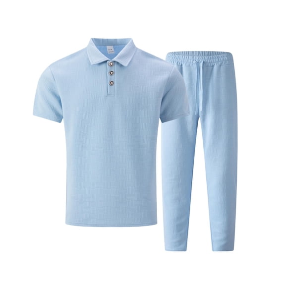 OGLCCG Mens Sweat Suits Set Summer Lightweight 2 Piece Tracksuit Outfits Solid Color Short Sleeve Textured Shirt and Loose Jogging Pants,XXXL,Sky Blue