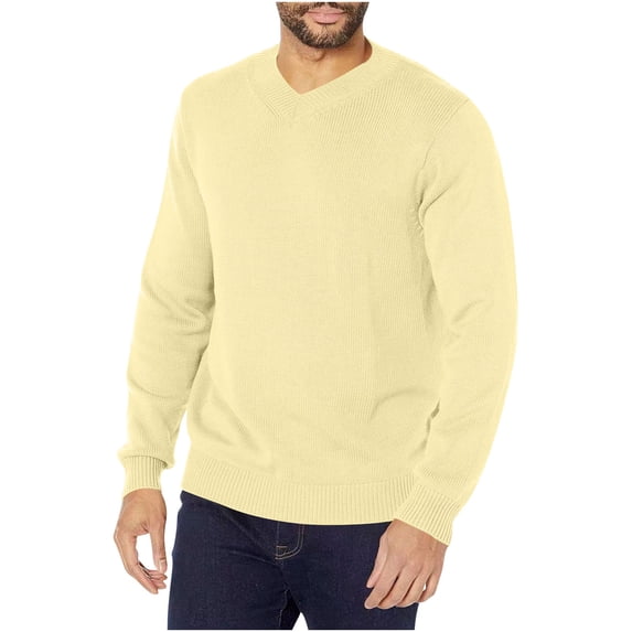 OGLCCG Mens V Neck Sweater Casual Soft Thermal Knitted Pullover Sweaters Solid Color Lightweight Fall Winter Warm Sweaters,M,Yellow