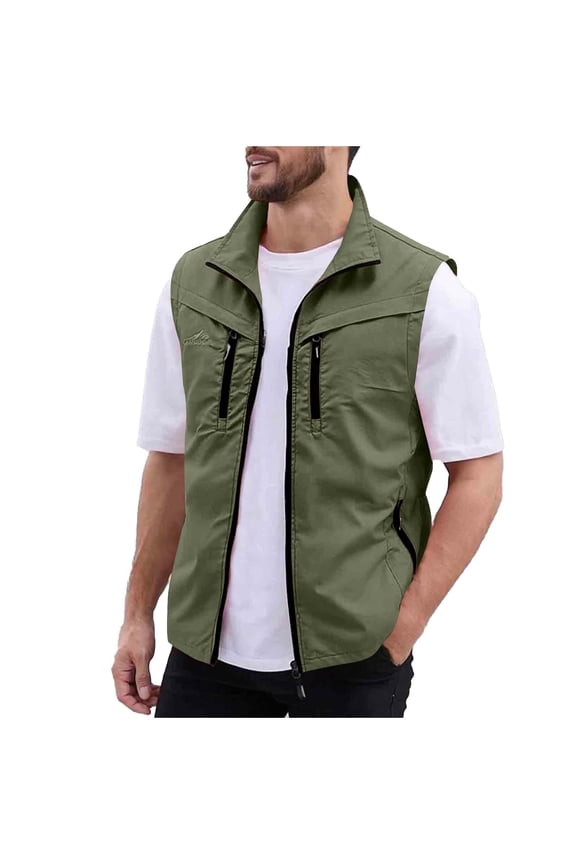 Mens Work Vest Summer Outdoor Fish Photo Travel Golf Cargo Vest Casual Lightweight Sleeveless Jacket with Zip Pockets,L,Army Green