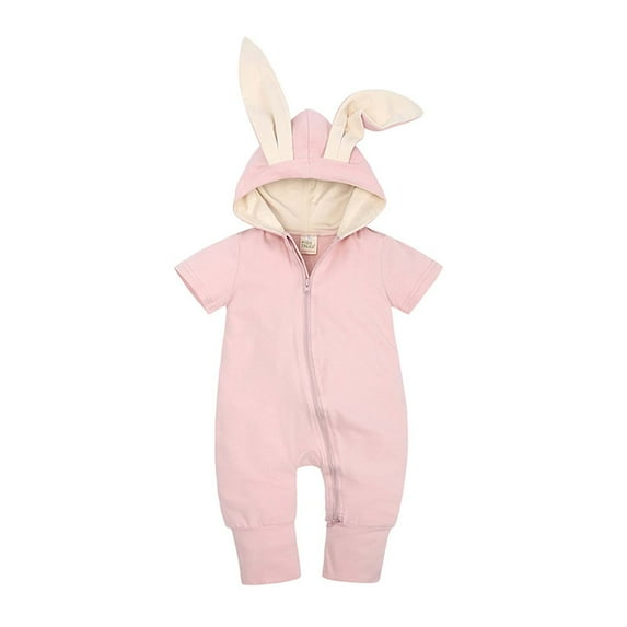 OGLCCG Newborn Infant Hoodie Playsuit Jumpsuits Cute Rabbit Ears Short Sleeve Onesie Romper Casual Zip Up Outfit Clothes for Baby Girl Boy 0-18M