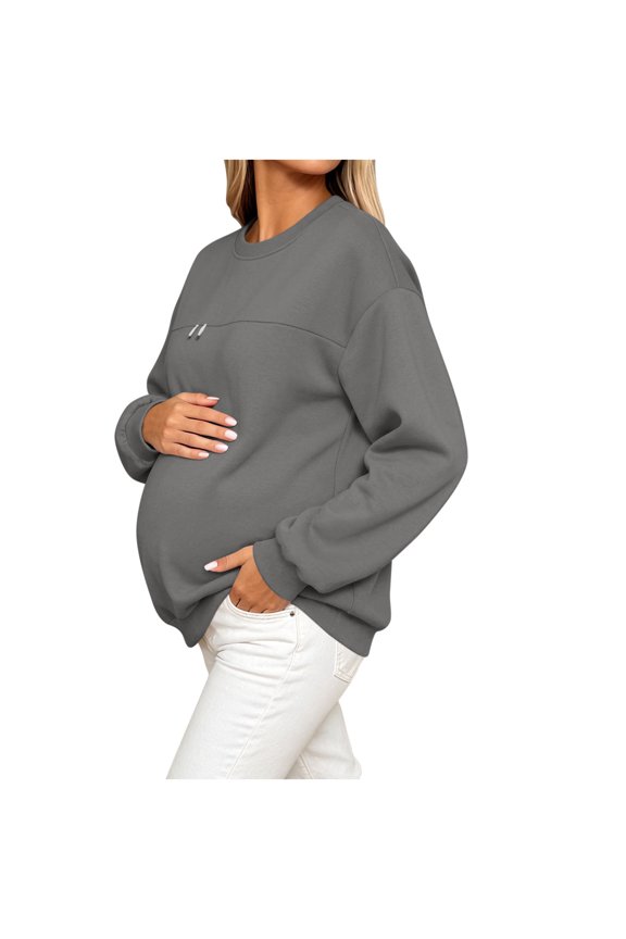Nursing Sweatshirt Long Sleeve Crew Neck Breastfeeding Shirts Zipper Maternity Pumping Tops Fleece Pregnancy Sweater Pullover Tops
