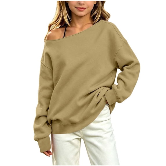 OGLCCG Off The Shoulder Sweatshirt Tween Girls Trendy Asymmetric Neck Hoodies Shirts Long Sleeve Pullover Tops Size 5-15(Khaki,7-8 Years)