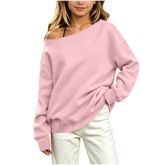 OGLCCG Off The Shoulder Sweatshirt Tween Girls Trendy Asymmetric Neck Hoodies Shirts Long Sleeve Pullover Tops Size 5-15(Pink,11-12 Years)