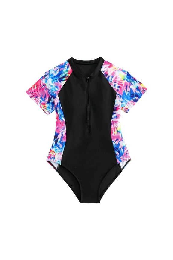 One Piece Swimsuit for Teen Girls Zipper Rash Guard Boyleg Surfing Short Sleeve Bathing Suit Summer Athletic Swimwear 8-12 Years