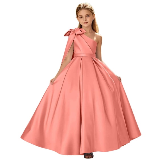 OGLCCG One Shoulder Flower Girl Dresses for Wedding Satin Prom Dresses Princess A Line Long Formal Evening Gowns with Bow 2-14 Years