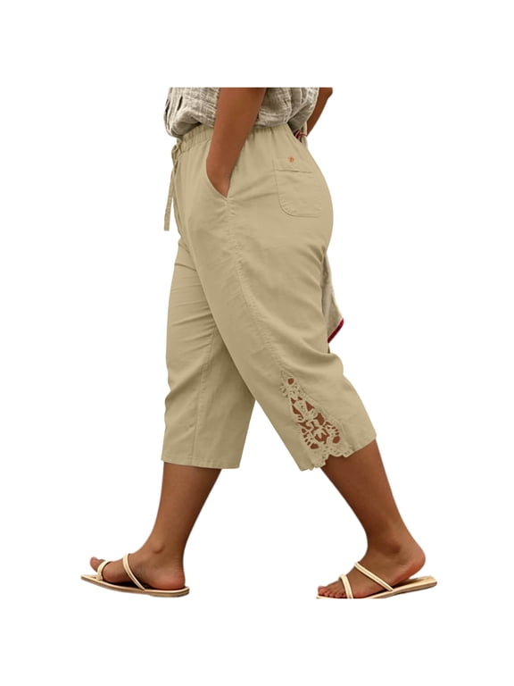 Plus Size Cotton Linen Capri Pants for Womens Summer Capris with Lace Trim Drawstring Elastic Waist Cropped Lounge Trousers with Pockets,Khaki