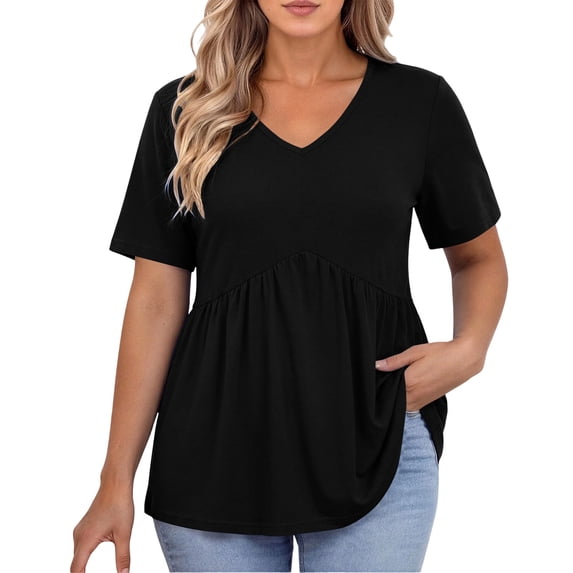 OGLCCG Plus Size Tops for Women Casual Oversized Tshirts for Women Loose Fit V Neck Babydoll Top Summer Basic Tees L-5XL
