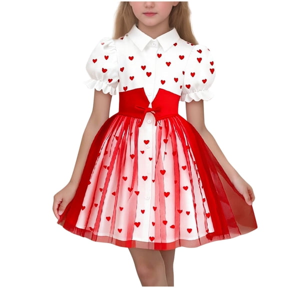 OGLCCG Princess Dress for Girls Lapel Collar Puff Sleeve Tulle Dress for Birthday Party Cute Hearts Print Lace Summer Dresses 2-8 Years