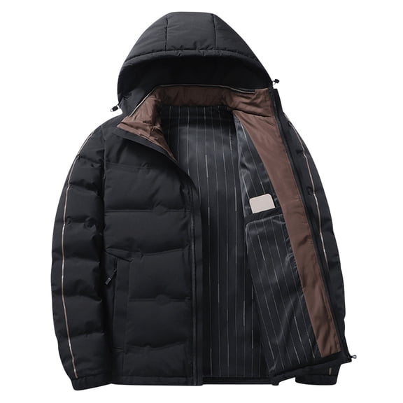 OGLCCG Quilted Puffer Jacket for Men Full Zip Long Sleeve Puffer Coat with Hood Winter Warm Thickened Down Jacket With Pockets,XXXL,Black