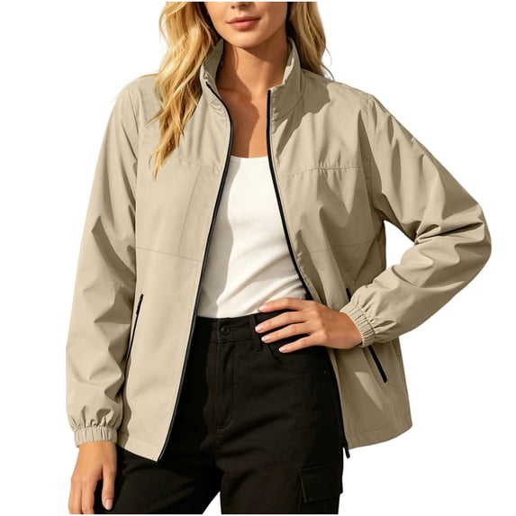 OGLCCG Rain Jacket for Women Waterproof Lightweight Stand Collar Windbreaker Jacket with Pockets Outdoor Softshell Jacket,Size S-XXL