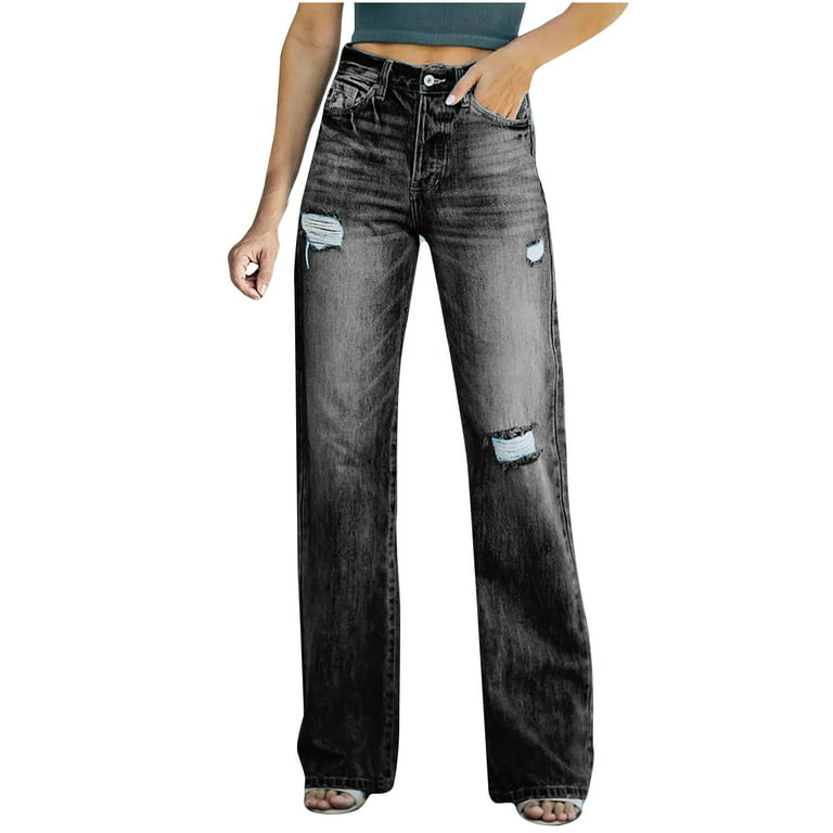 OGLCCG Ripped Baggy Jeans for Women Boyfriend Jeans Trendy Mom High Waisted  Jeans Distressed Stretch Denim Pants Straight Leg Jeans for Women