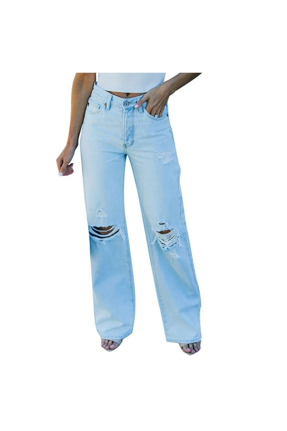 Ripped Baggy Jeans for Women Boyfriend Jeans Trendy Mom High Waisted Jeans Distressed Stretch Denim Pants Straight Leg Jeans for Women