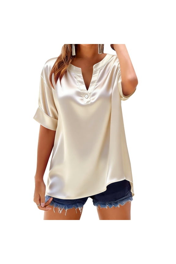 Satin Blouses for Women Loose Casual V Neck Short Sleeve Shirts Solid Color Summer Business Daily Work Silk Tops Dressy,L,White