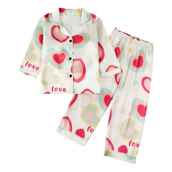 OGLCCG Satin Pajama Set for Kids Boy Girl Long Sleeve Silky Button Down Pajama Sleepwear Tops and Long Cute Hearts Printed Loungewear 4-9 Years