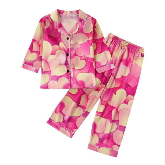 OGLCCG Satin Pajama Set for Kids Boy Girl Long Sleeve Silky Button Down Pajama Sleepwear Tops and Long Cute Hearts Printed Loungewear 4-9 Years
