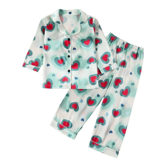 OGLCCG Satin Pajama Set for Kids Boy Girl Long Sleeve Silky Button Down Pajama Sleepwear Tops and Long Cute Hearts Printed Loungewear 4-9 Years